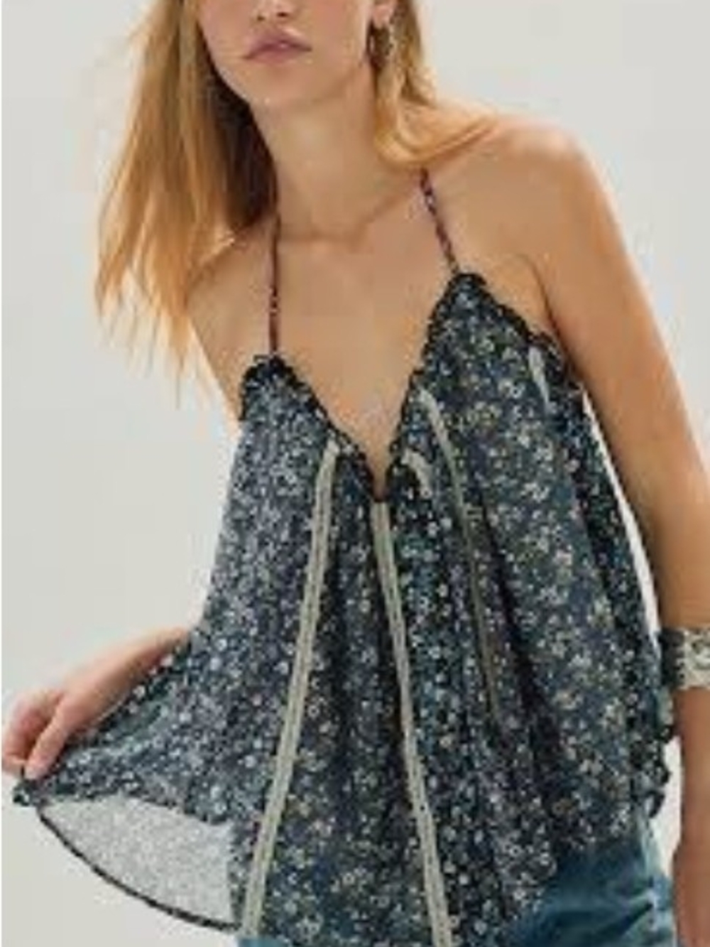 NWT Free People Costa Printed Halter Plunging Neckline Billowy Tank Top Blue S